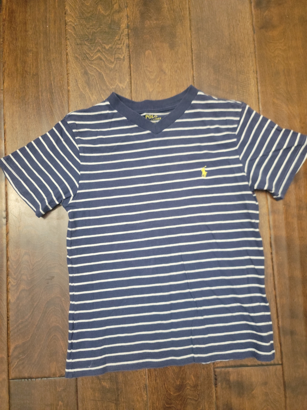 Polo by Ralph Lauren Navy and White Striped V-Neck Tee with Yellow Logo